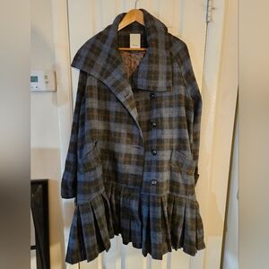 Elevenses Anthropologie Wool Blend Ruffled Peacoat - Blue & Black Plaid - Size S